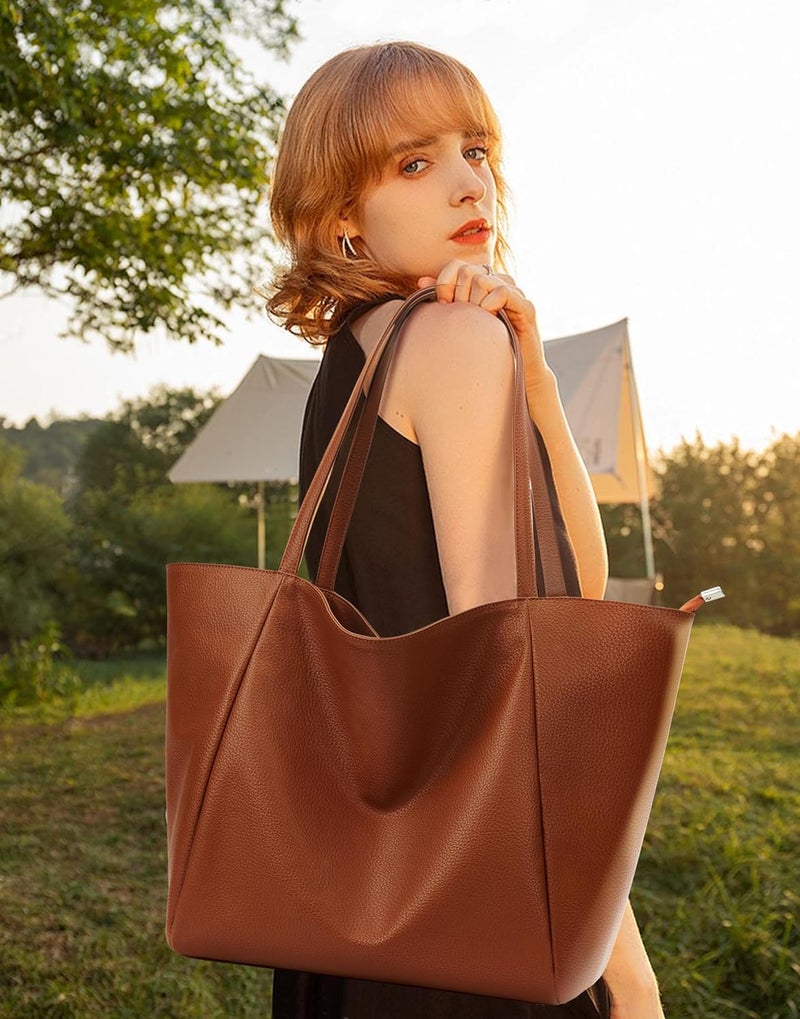 KALIDI Large Tote Bag Vegan Leather Casual Zipper Work Bag Weekender Hobo for Women 23L Oversize Shoulder Travel Purse - Image 2